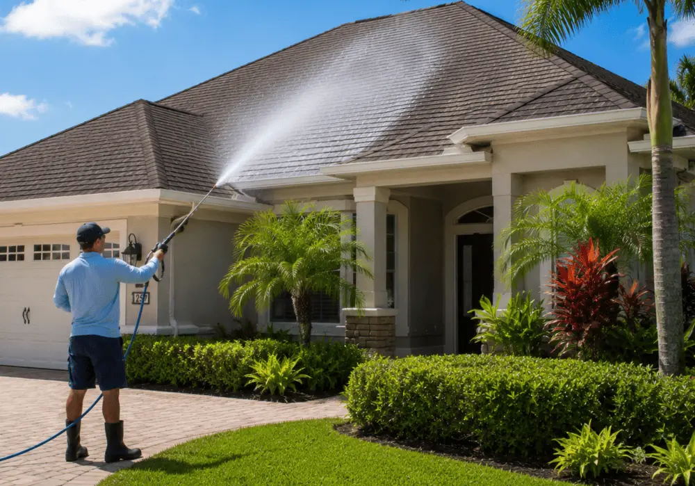 Residential roof prepared for soft wash cleaning
